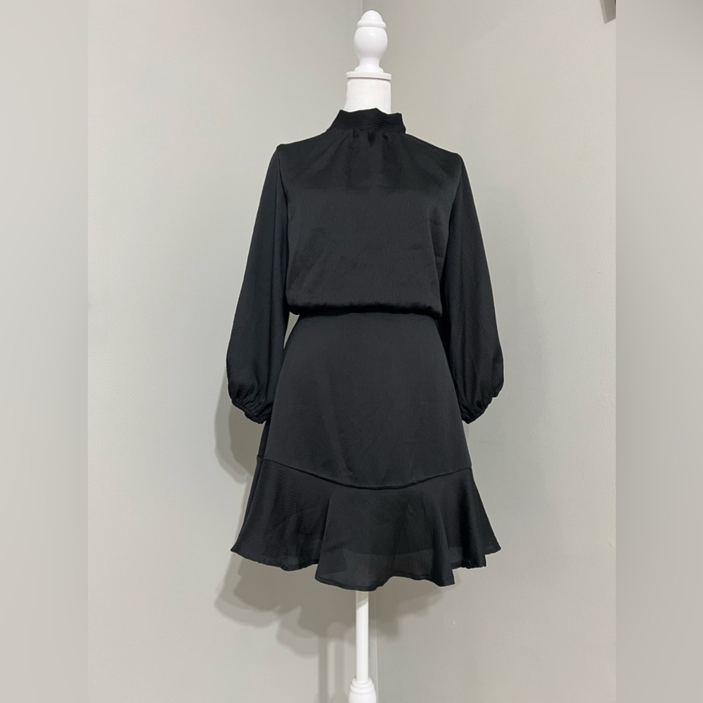 Vici Call Me Angel Black Textured Satin Long Flounce Sleeve Mini Dress Size M